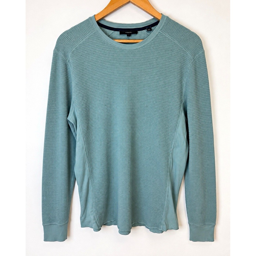 Vince Thermal Shirt Men's Large Blue Pima Cotton Waffle Knit Long Sleeve Crew